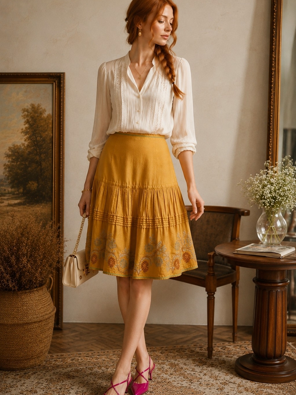 Massimo Dutti Golden Mustard A-Line Skirt with Embroidered Border